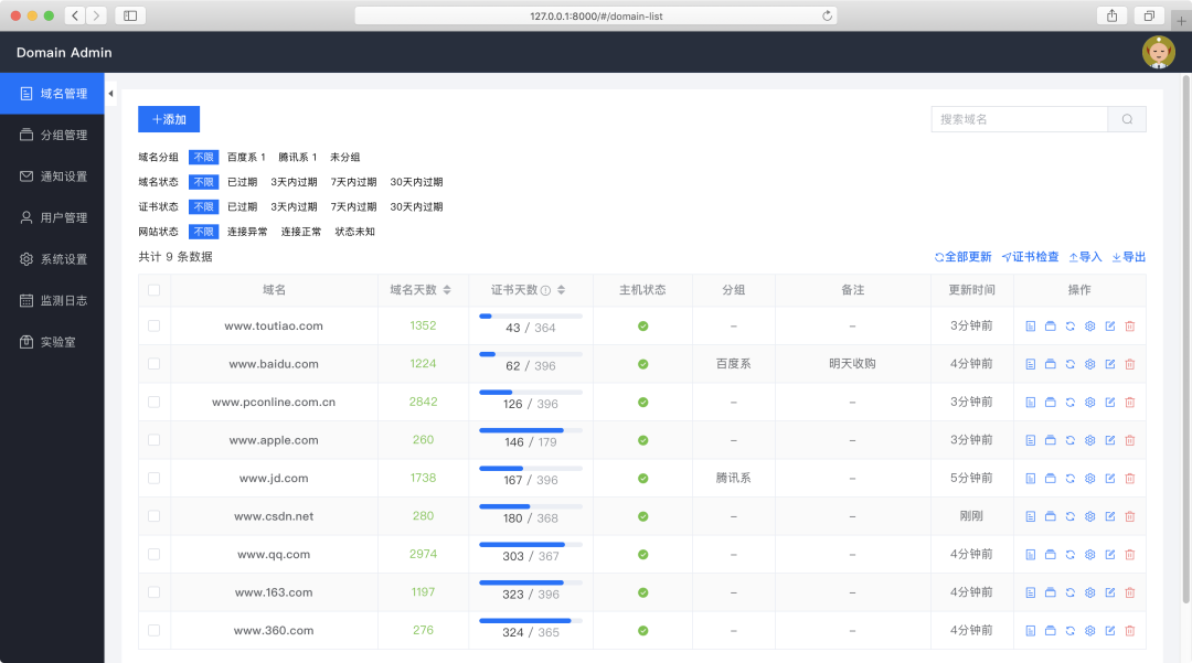 domain-admin：一款开源的域名 SSL 证书监测平台