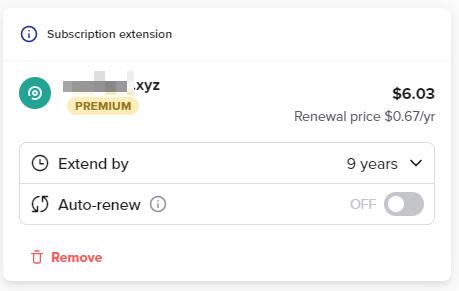 Spaceship 6数字 xyz 域名仅 0.67 美元一年，支持续费
